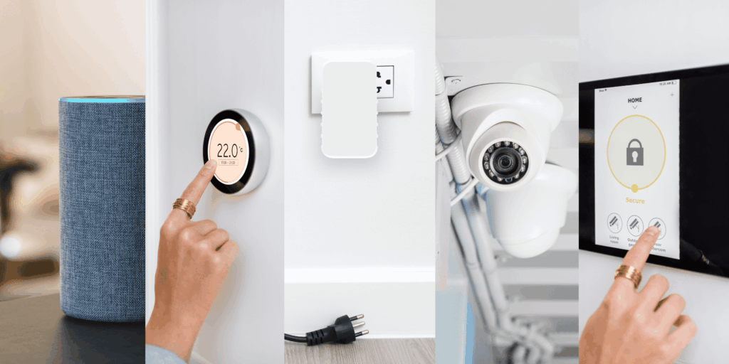 Smart home lighting gadgets and modern home automation devices displayed on a table